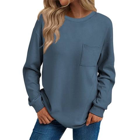 Long Sleeve Shirts for Women Fall Womens Tops Crew Neck Shirts for Women with Pocket Pullover Basic Winter Clothes Trendy Blue L
