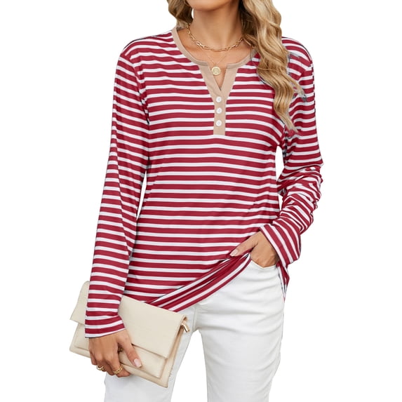 SHIBEVER Long Sleeve Shirts for Women Loose Fit Stripe Pullover V Neck Button Down Sweatshirts Color Block Lady Tops