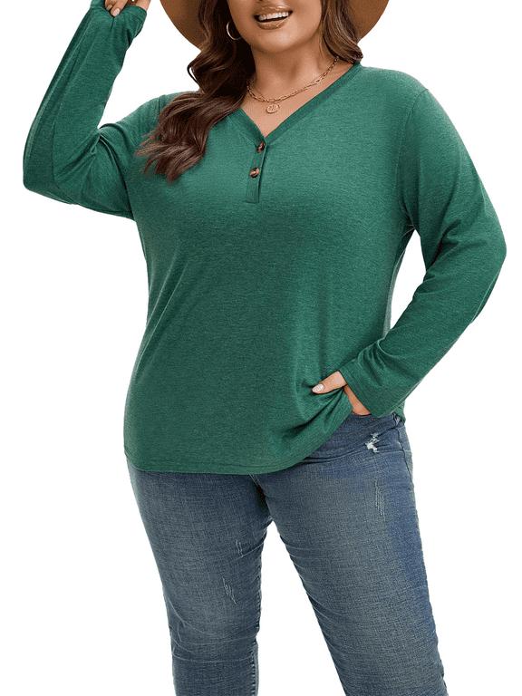 Long Sleeve Shirts for Women Plus Size Womens Clothes Fall Tops for Women Basic V Neck Tops for Women Cotton Top Winter Green XL