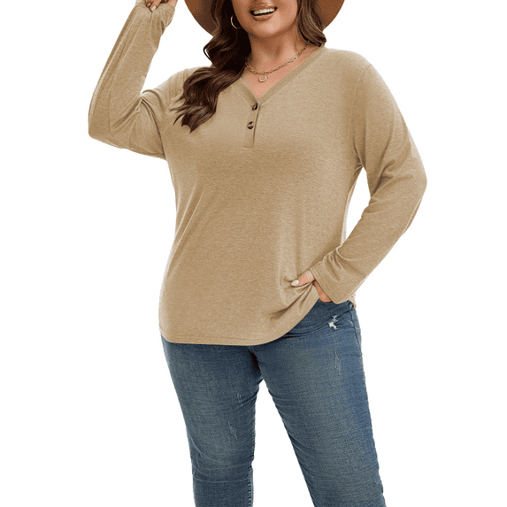SHIBEVER Long Sleeve Shirts for Women Plus Size Womens Clothes V Neck Fall Tops for Women Trendy Womens Plus Size Tops Cotton Clothes Winter Khaki XL