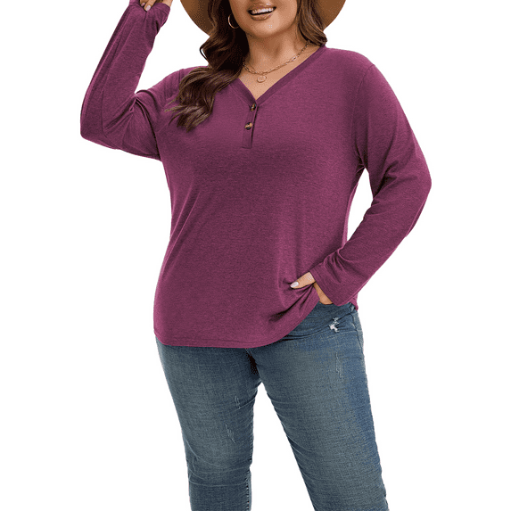 SHIBEVER Long Sleeve Shirts for Women Plus Size Womens Clothes V Neck Lightweight Fall Tops for Women Cotton Long Sleeve Tops for Women Winter Red XL