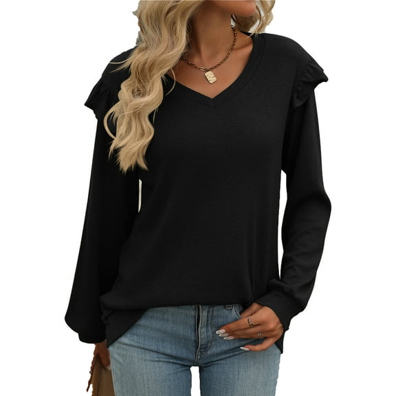 SHIBEVER Long Sleeve Shirts for Women Trendy Ruffle Sleeve Tops Fall V Neck Solid Color Loose Lady Tops Size XL