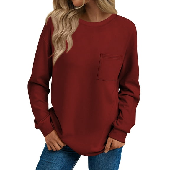 SHIBEVER Long Sleeve Shirts for Womens Tops for Women Trendy Fall Shirts for Women 2025 Women Crew Neck Top with Pocket Winter Clothes Red L