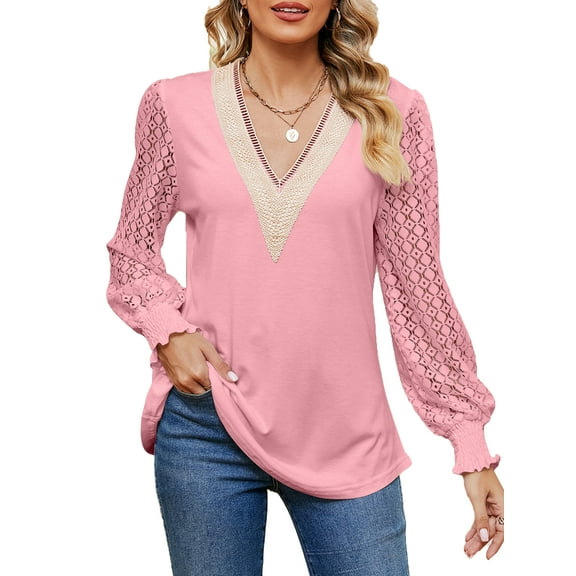SHIBEVER Long Sleeve T Shirts for Women Casual V Neck Loose Tunic Tops Fashion Puff Lace Tops for Lady Tops Size L