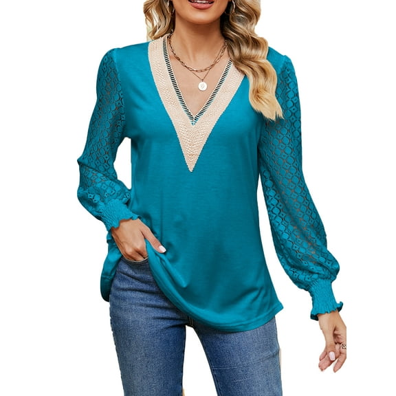 SHIBEVER Long Sleeve T Shirts for Women Casual V Neck Loose Tunic Tops Fashion Puff Lace Tops for Lady Tops Size XL