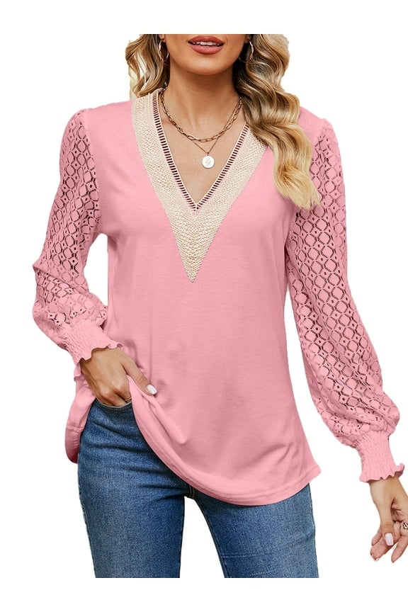 Long Sleeve T Shirts for Women Casual V Neck Loose Tunic Tops Fashion Puff Lace Tops for Lady Tops Size XL
