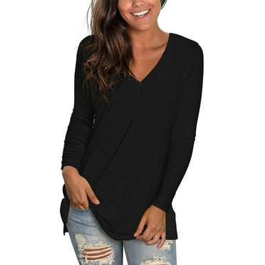SHIBEVER Long Sleeve T Shirts for Women Fall Tops Fashion V Neck Tunics Top Comfortable Workout Cute Casual Loose Fit Blouses Tops Black
