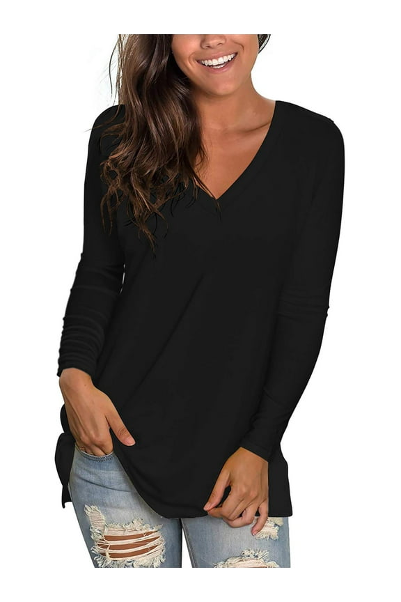 Long Sleeve T Shirts for Women Fall Tops Fashion V Neck Tunics Top Comfortable Workout Cute Casual Loose Fit Blouses Tops Black