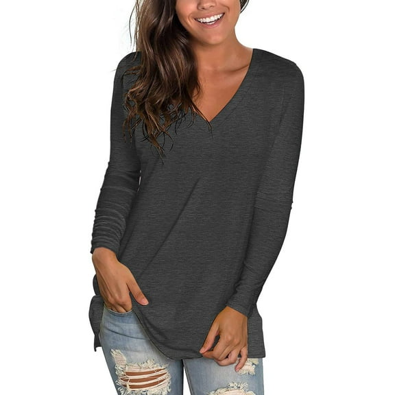 SHIBEVER Long Sleeve T Shirts for Women Fall Tops Fashion V Neck Tunics Top Comfortable Workout Cute Casual Loose Fit Blouses Tops Dark Gray