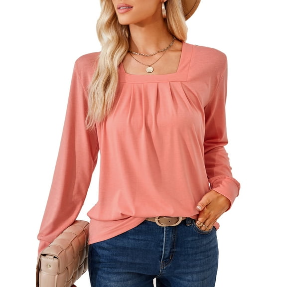 SHIBEVER Long Sleeve T Shirts for Women Square Neck Pleated Casual Tops Loose Fit Tunic Solid Color Cute Pink Size M