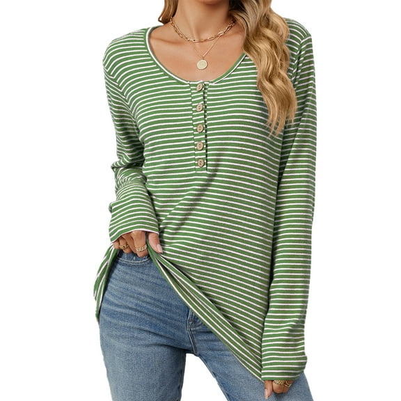 SHIBEVER Long Sleeve T Shirts for Women Stripe Button Down Tunic Sweatshirts Crew Neck Color Block Loose Tops Casual Fall Pullover