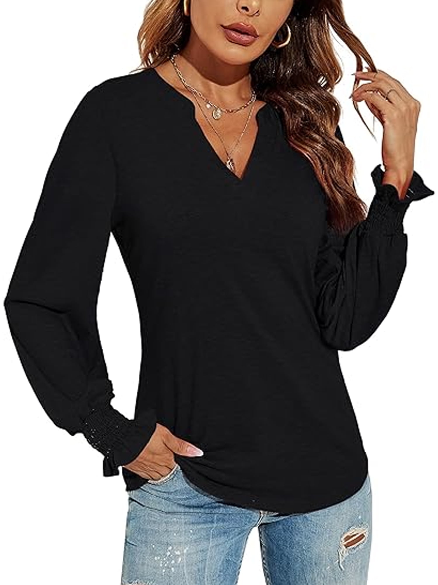 TEMOFON Womens Tops Long Sleeve Shirts Fall Casual V-neck T-Shirts Loose Puff Long Sleeve Tops Tunic Flowy Blouses Dressy Lightweight Pullover Sweatshirts Solid Color Black Plus Size XXL