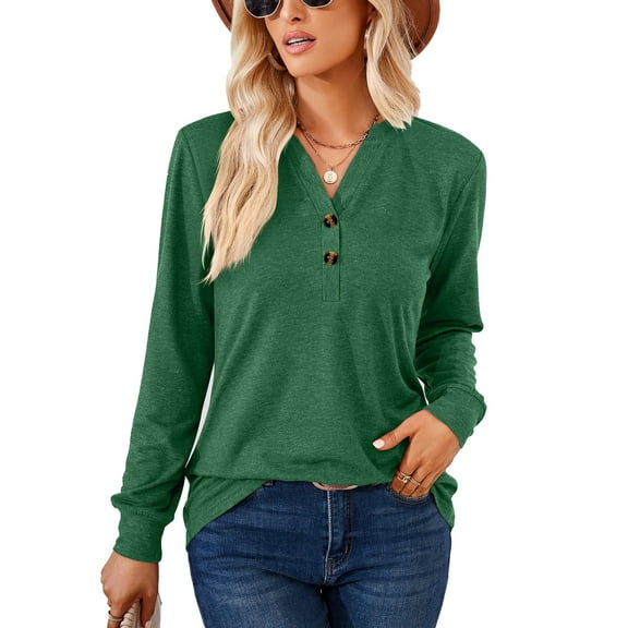 SHIBEVER Long Sleeve Tops for Women Fall Shirts V Neck Button Casual Tunic Loose Fit Blouse Henley Shirts Fashion Solid Color Green Size S