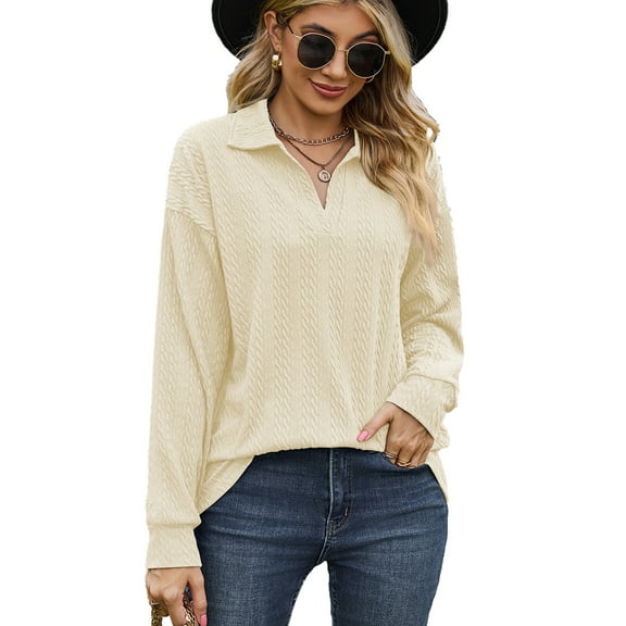 SHIBEVER Long Sleeve Shirts for Women Tops Fall Blouses V Neck Casual Pullover Lapel Collar Sweatshirts Loose Fit Tunic Tops Henley Shirts Fashion Clothing