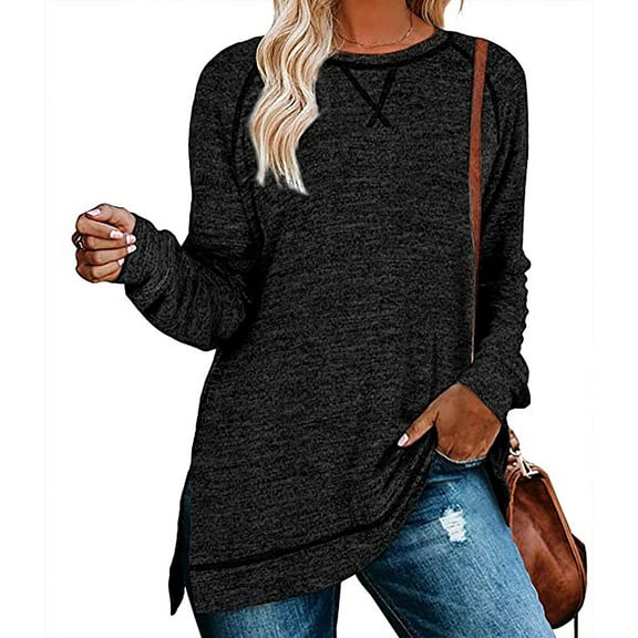 SHIBEVER Long Sleeve Tops For Women Fall Round Neck T Shirts Fashion Workout Split Tunics Tops Casual Cute Loose Fit Pullover Tops Blouses Black