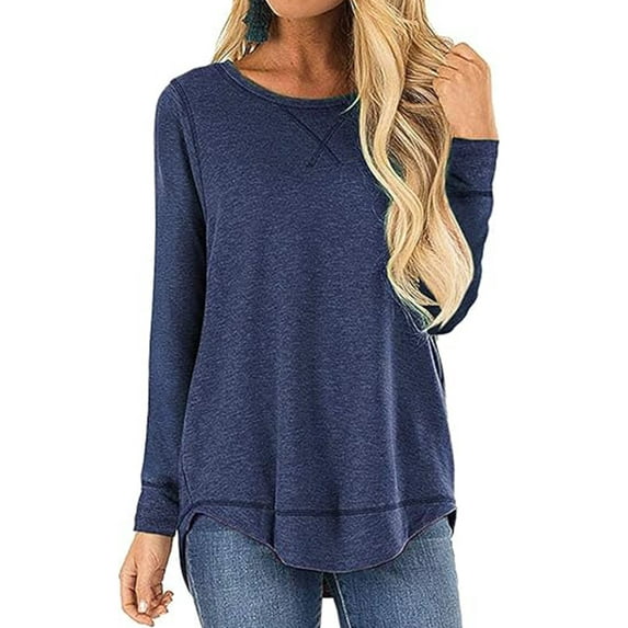 SHIBEVER Long Sleeve Tops for Women Basic Work Out T Shirt Casual Loose Tunic Shirts Plain Color Plain Dark Blue Blouses Clothing Size XL