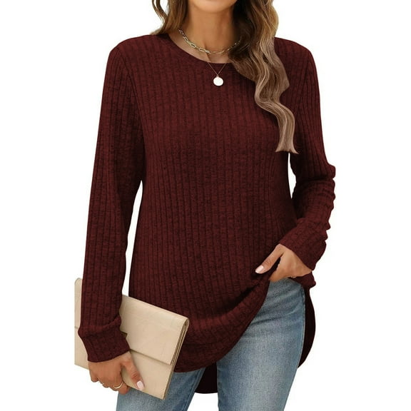 SHIBEVER Long Sleeve Tops for Women Fall Casual Lightweight Soft Sweaters Crew Neck Side Spilt Winter Pullover Sweatshirts Loose Shirts for Women