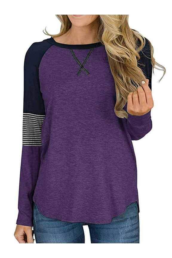 Long Sleeve Tops for Women Fall Fashion Clothing Round Neck Tunic Top Striped T Shirts Casual Color Block Tops Blouses Purple L