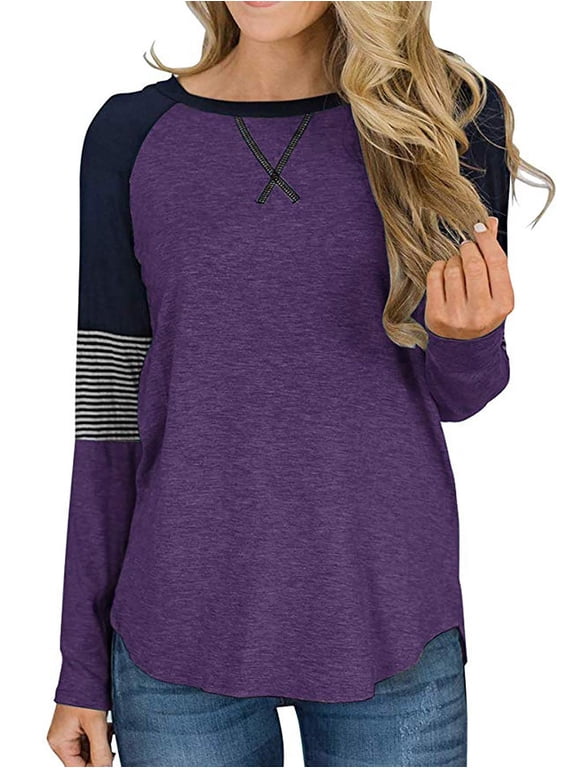 Long Sleeve Tops for Women Fall Fashion Clothing Round Neck Tunic Top Striped T Shirts Casual Color Block Tops Blouses Purple S