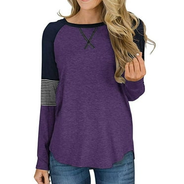SHIBEVER Long Sleeve Tops for Women Fall Fashion Clothing Round Neck Tunic Top Striped T Shirts Casual Color Block Tops Blouses Purple XL