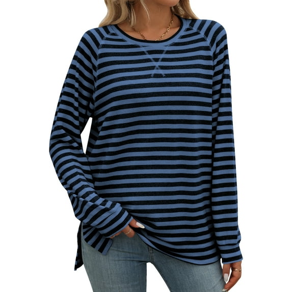 SHIBEVER Long Sleeve Tops for Women Fall Side Slit Tunic Blouses Stripe Round Neck Pullover Fashion Loose Tunic T Shirts for Lady