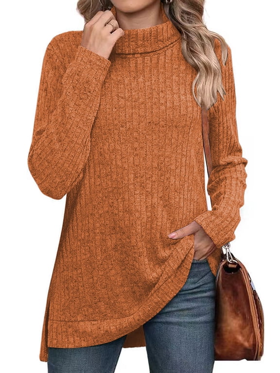 Long Sleeve Tops for Womens Sweaters Fall Turtleneck Fashion Side Split Shirts Winter Lightweight Sweaters Womens T Shirts Dressy Blouse