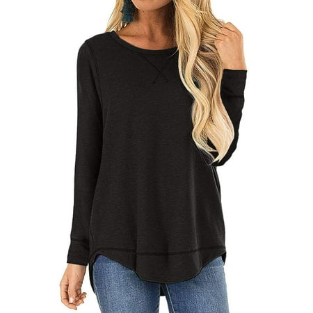SHIBEVER Long Sleeve Tshirts for Women Loose Crew Neck Fall Fashion Tunics Tops Basic Workout Black Tee Blouses Size S