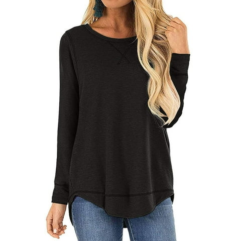Long Sleeve Tshirts for Women Loose Crew Neck Fall Fashion Tunics Tops Basic Workout Black Tee Blouses Size S