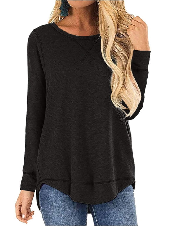 Long Sleeve Tshirts for Women Loose Crew Neck Fall Fashion Tunics Tops Basic Workout Black Tee Blouses Size M