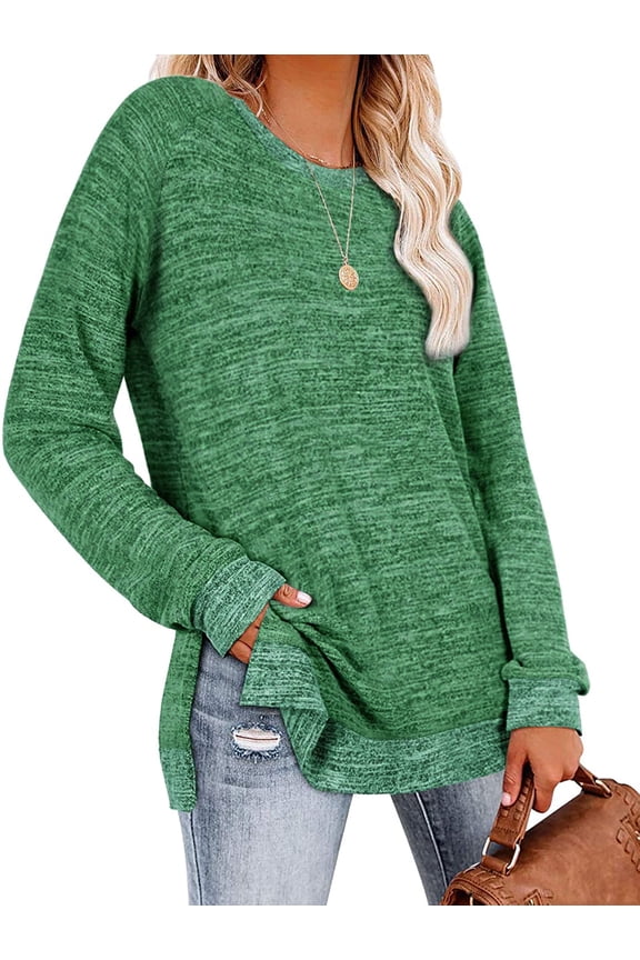 Long Sleeve Tunic Tops for Women shirts Round Neck Casual Fall Fashion Side Slit Tops Loose Fit Pullover Tops Color Block Blouse Green