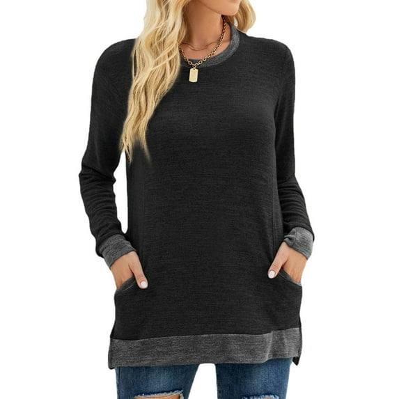SHIBEVER Long Sleeve Workout Shirts for Women Fall Cute Pocket Casual Tunics Tops Blouses Black