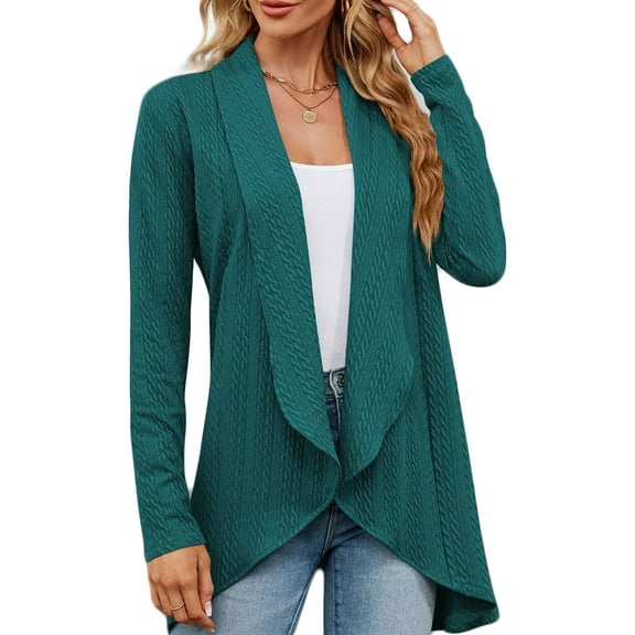 SHIBEVER Open Front Tops for Women Cardigan Fall Shirts Casual Blouses Loose Fit Tunics Long Sleeve Sweaters Lightweight Trendy Solid Color Darkgreen Tunic Size XL