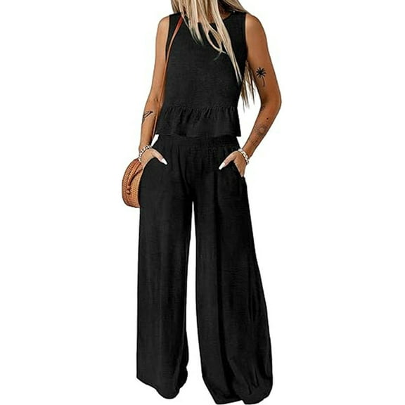 SHIBEVER Outfit Sets for Women 2 Piece Sets Summer Casual Sleeveless Set Outfits with Pockets Round Neck Tank Tops Matching Sets for Womens Clothes Elastic Waist Wide Leg