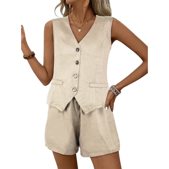 SHIBEVER Lounge Sets for Women Summer Sleeveless Casual 2 Piece Sets for Womens V Neck Button-Down Tank with Pockets and Apricot Shorts Outfits Sets L