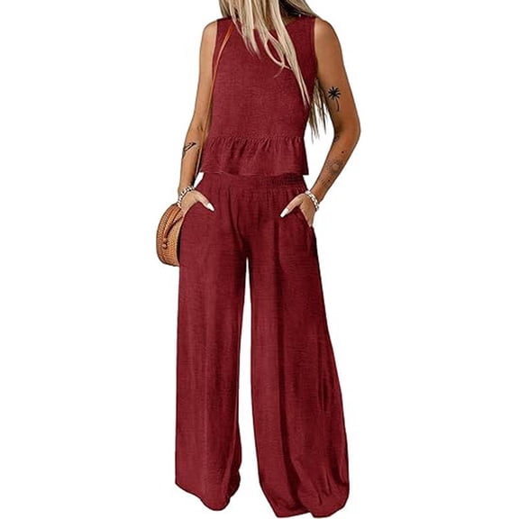 SHIBEVER Pants Sets Women 2 Piece Outfits Sleeveless Round Neck Tank Tops Matching Sets for Womens Clothes Elastic Waist Wide Leg