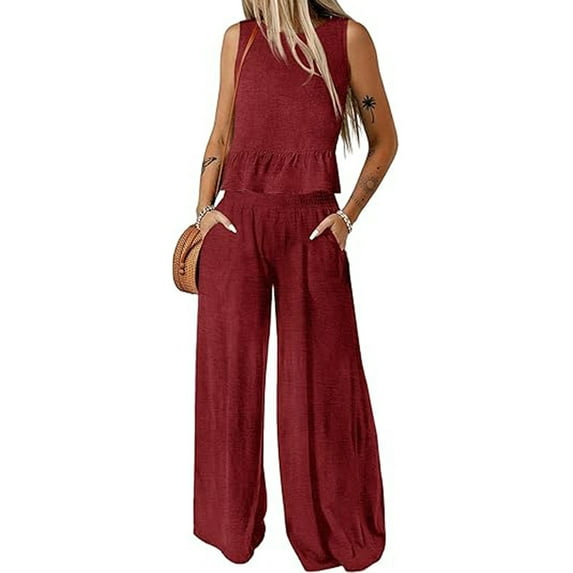 SHIBEVER Pants Sets Women 2 Piece Outfits Sleeveless Round Neck Tank Tops Matching Sets for Womens Clothes Elastic Waist Wide Leg