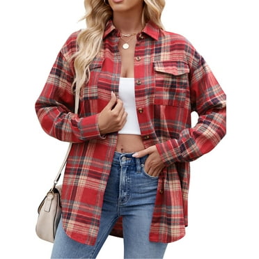 SHIBEVER Plaid Flannel Shirts for Women Long Sleeve Button Down Shirts Blouses Tops Jacket Boyfriend Shirt Coats Roll Up Fall Clothing