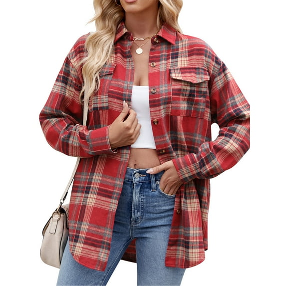 SHIBEVER Plaid Flannel Shirts for Women Long Sleeve Button Down Shirts Blouses Tops Jacket Boyfriend Shirt Coats Roll Up Fall Clothing