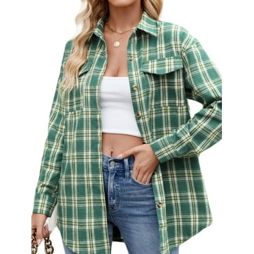 SHIBEVER Plaid Flannel Shirts for Women Long Sleeve Button Down Shirts Blouses Tops Jacket Boyfriend Shirt Coats Roll Up Fall Clothing