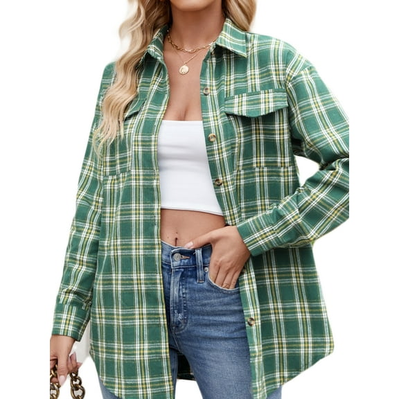 SHIBEVER Plaid Flannel Shirts for Women Long Sleeve Button Down Shirts Blouses Tops Jacket Boyfriend Shirt Coats Roll Up Fall Clothing