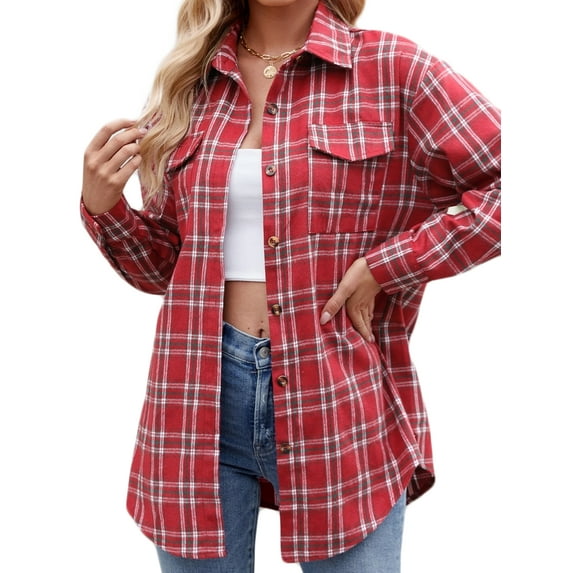 SHIBEVER Plaid Flannel Shirts for Women Long Sleeve Button Down Shirts Blouses Tops Jacket Boyfriend Shirt Coats Roll Up Fall Clothing
