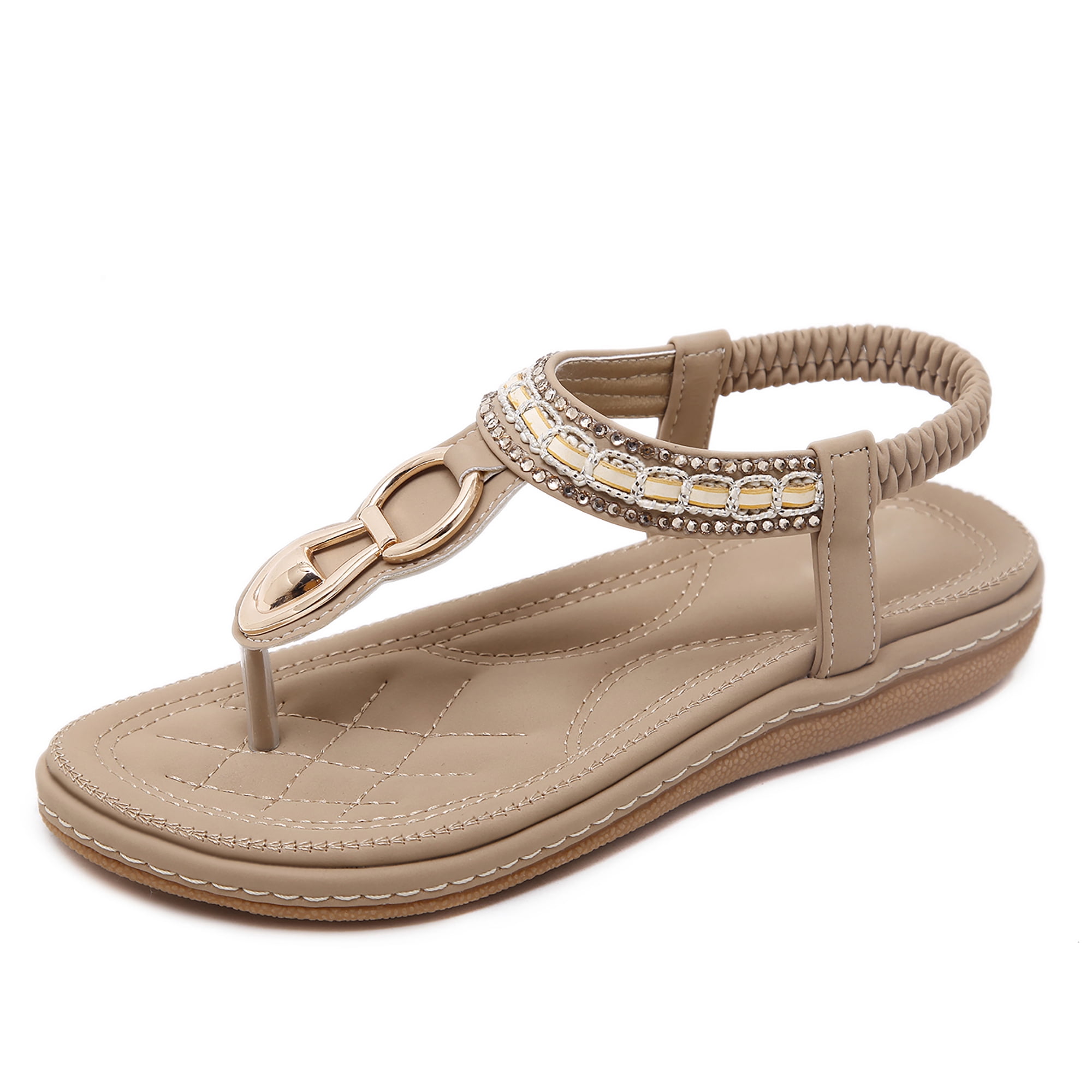 SHIBEVER Rhinestone Flat Sandals for Women Casual Summer Beach Bohemian ...