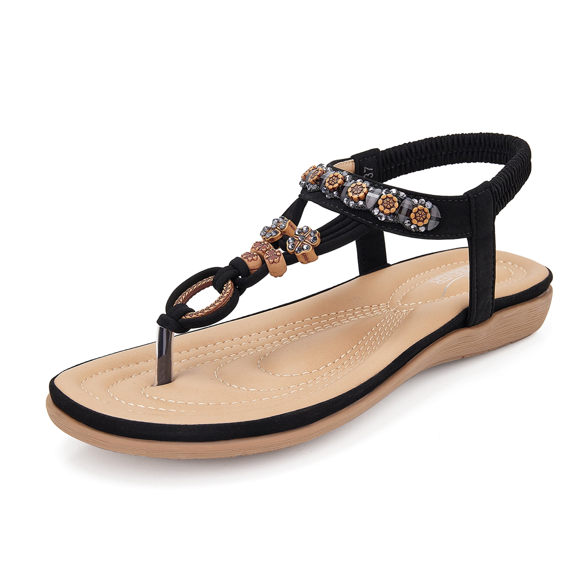 Sandals for Women Summer Beaded Flat Sandal Comfortable T Strap Flip Flop Shoes Brown - Walmart.com