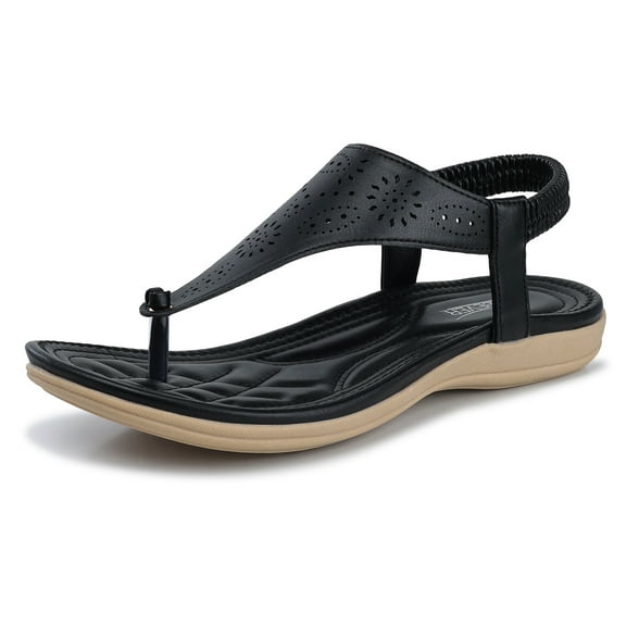 SHIBEVER Sandals for Women Summer Bohemian Flat Sandal Comfortable T Strap Flip Flop Open Toe Ladies Beach Black Sandals Shoes