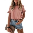 thumbnail image 1 of TEMOFON Short Sleeve Tops for Women Summer T Shirts Casual Crew Neck Shirts Loose Fit Blouses Fashion Ruffle Tees Tunic Tops Solid Color Cute Pink Size XL, 1 of 4
