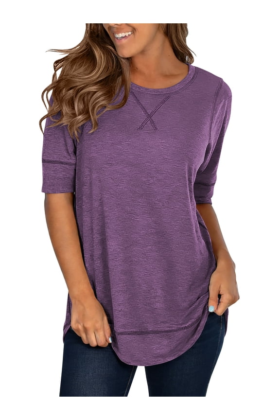 Short Sleeve T-Shirts for Women Fashion Summer Tops Trendy Loose High Low Purple Dressy Tops Tunic Blouse Size L