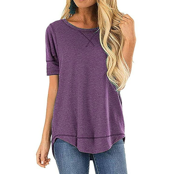 SHIBEVER Short Sleeve T-Shirts for Women Fashion Summer Tops Trendy Loose High Low Purple Dressy Tops Tunic Blouse Size M