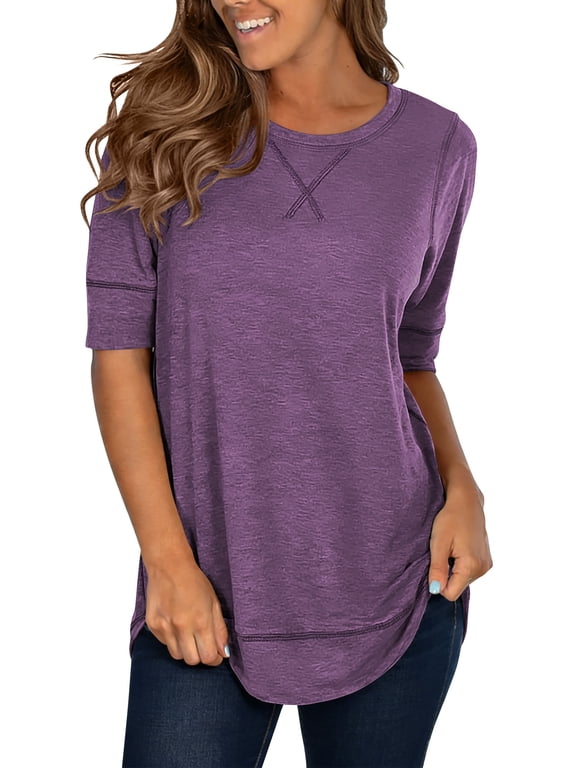 Short Sleeve T-Shirts for Women Fashion Summer Tops Trendy Loose High Low Purple Dressy Tops Tunic Blouse Size S