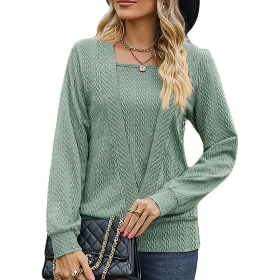 SHIBEVER Square Neck Shirts for Women Long Sleeve Tops Casual Tunic Loose Fit Trendy Jacquard Solid Color Green Blouse Size S