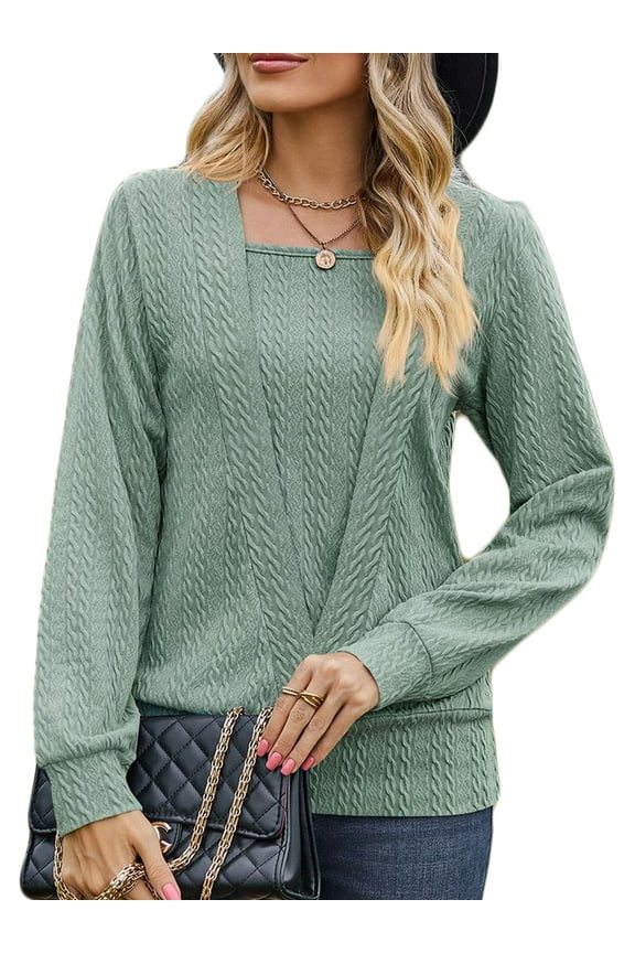 Square Neck Shirts for Women Long Sleeve Tops Casual Tunic Loose Fit Trendy Jacquard Solid Color Green Blouse Size XL